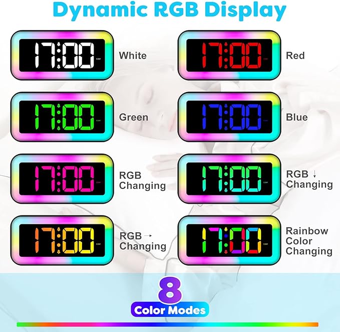 Réveil pour enfants et adolescents avec veilleuse 7 couleurs horloge numérique LED,luminosité réglable, répétition d'alarme, commande vocale, 12/24 h, - 3
