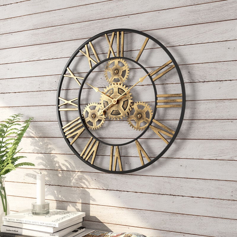 50 cm Noire Industrielle Bois Vintage Pendule Murale Steampunk Chiffres Romains pour Salon Bar Bureau - 2
