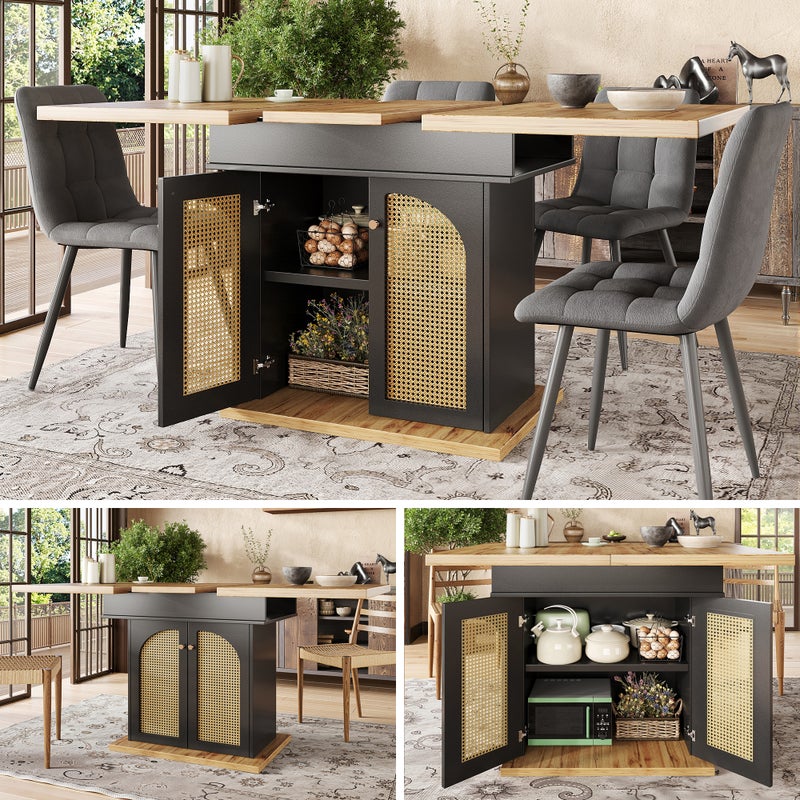 Rozkładany stół jadalny dla 4-6 osób z 2 drzwiami z technorattanu - 110/140 x 80 x 75 cm - MDF - Czarny + naturalny