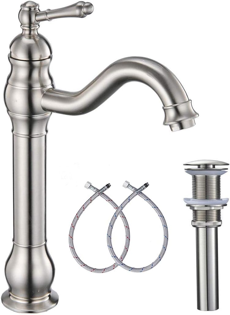 Bateria łazienkowa, jednootworowa, obrotowa 360°, z pojedynczym uchwytem i korkiem automatycznym, szczotkowane srebro