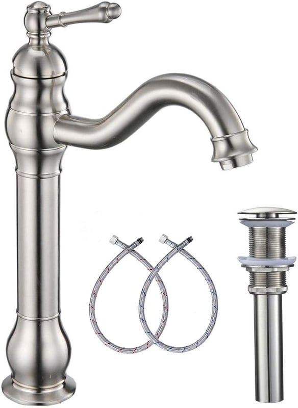 Bateria łazienkowa, jednootworowa, obrotowa 360°, z pojedynczym uchwytem i korkiem automatycznym, szczotkowane srebro