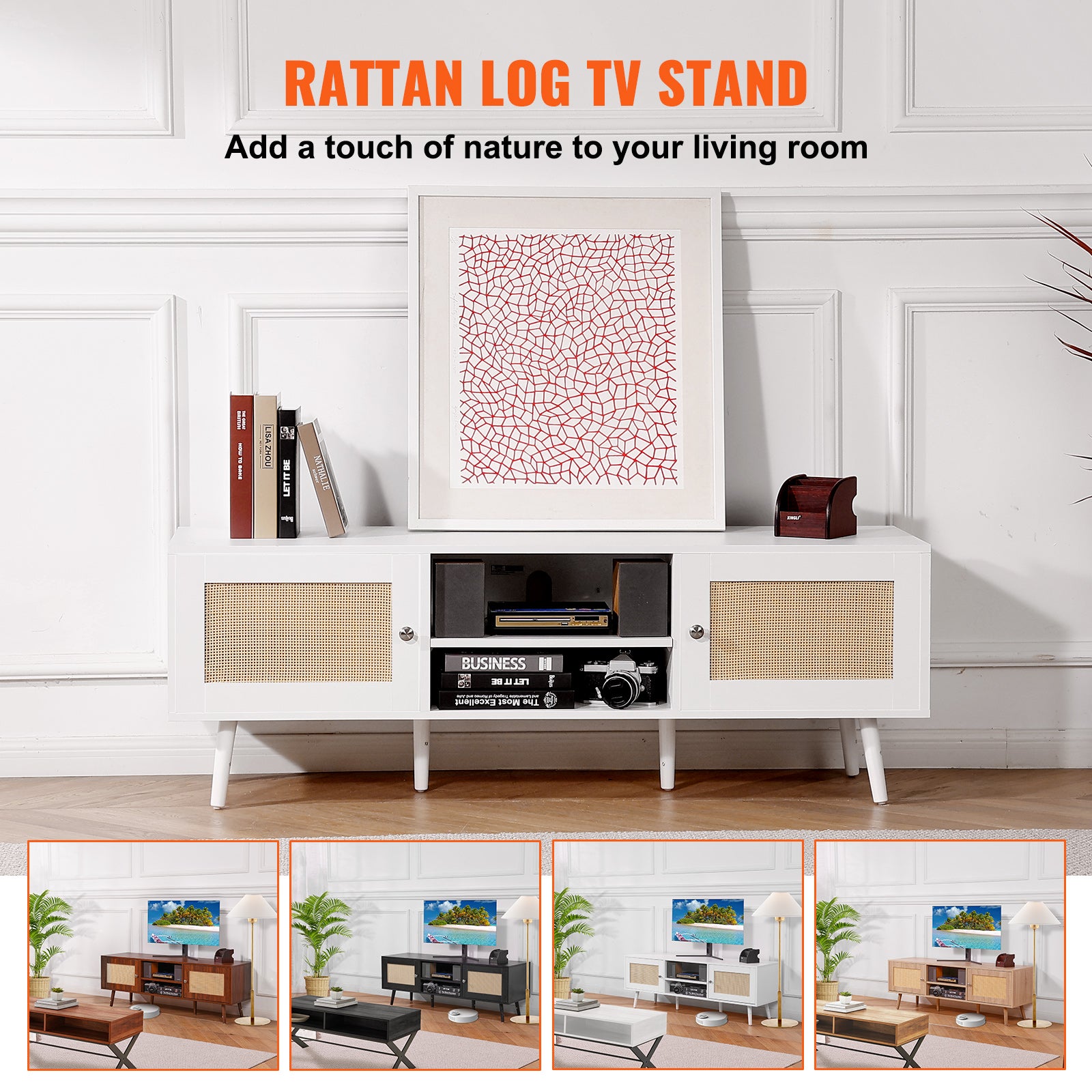 Meuble TV VEVOR en Rotin, pour Téléviseur 65 Pouces, Banc TV Bohème avec Porte en Rotin, Centre de Divertissement avec Prise Intégrée et Ports USB - 3