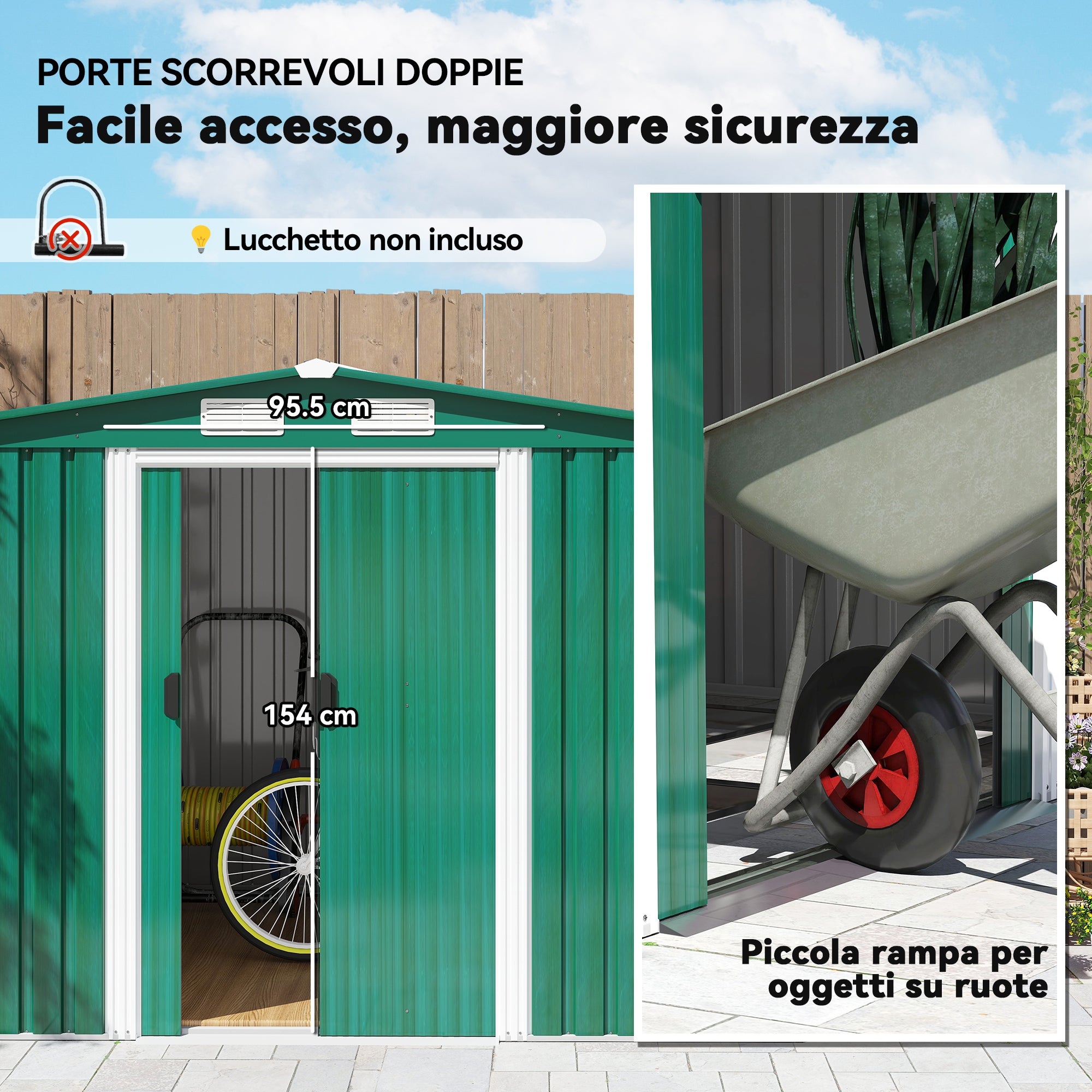 Outsunny Casetta Giardino Acciaio, Base, Porte Scorrevoli, 258x206x178cm, Verde - 5