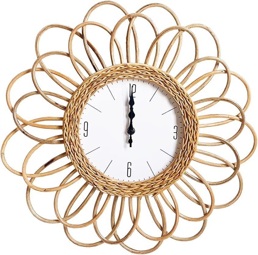 Zegar ścienny ręcznie tkany z rattanu, prosty design retro, rama rattanowa, średnica 46 cm