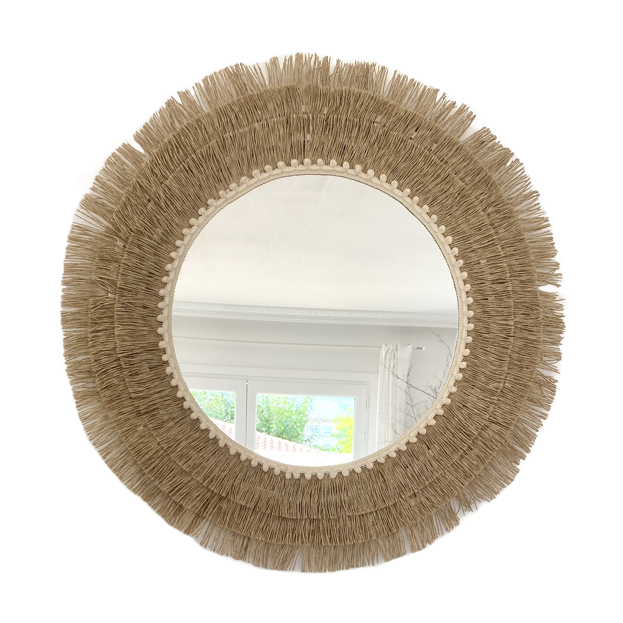 Espejo redondo decorativo de yute natural, cuerda y fibras naturales, con flecos de yute - jute iii 60cm