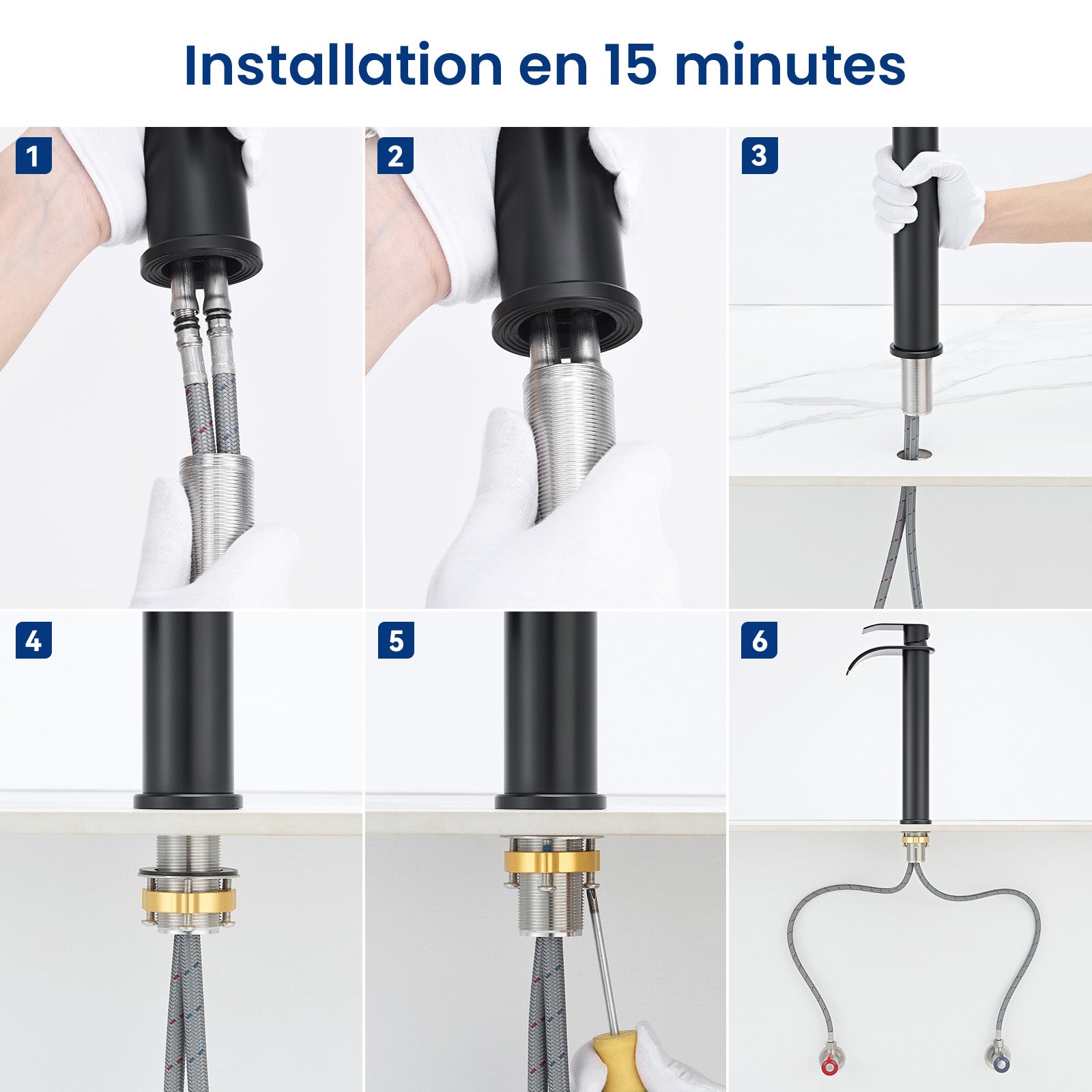 Mitigeur Robinet de Lavabo Cascade Noir Moderne Mitigeur Robinet Salle Bain pour Vasque à Poser Robinetterie Convient pour un Lavabo - 8