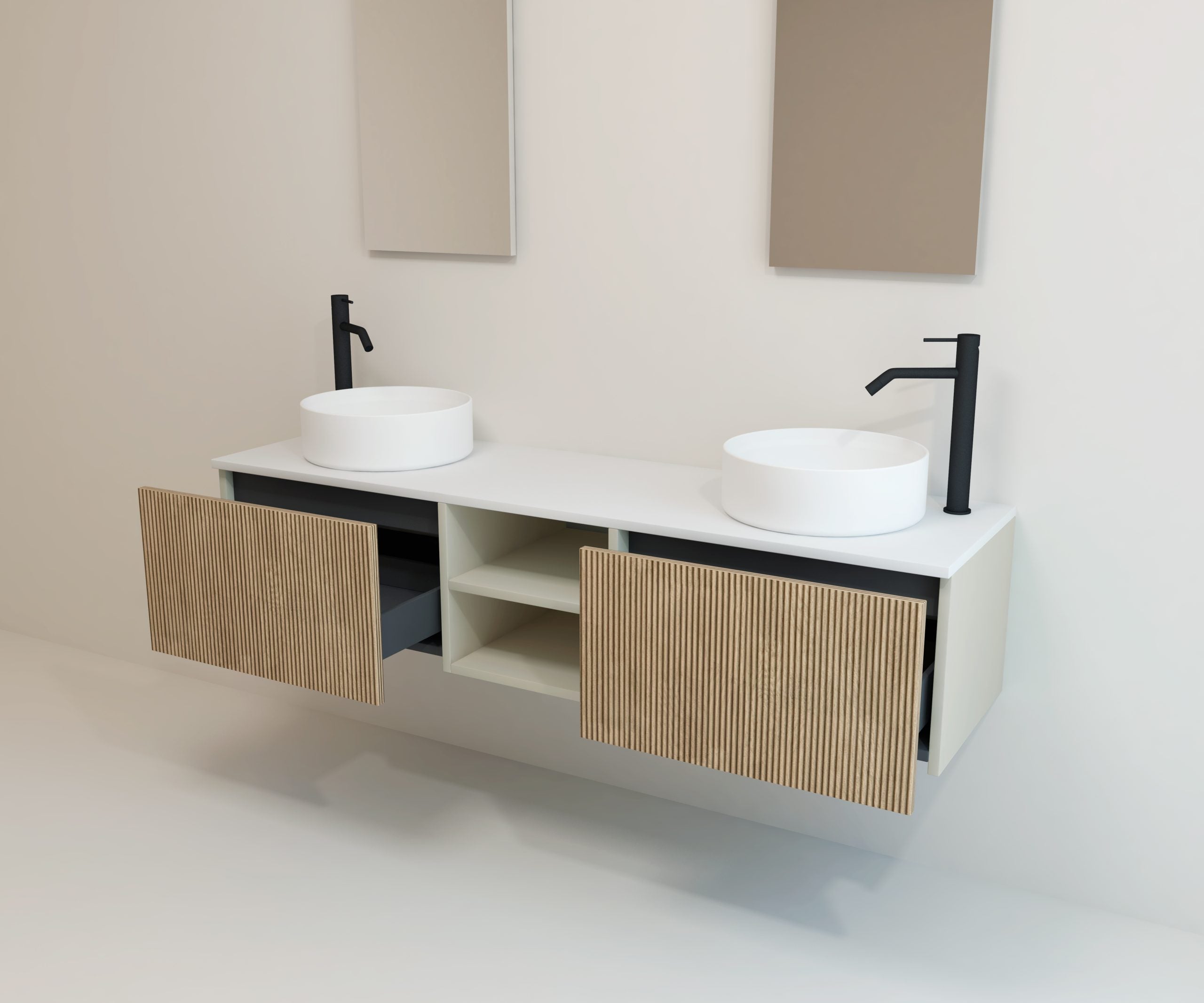 Pack Meuble Salle de Bain Avantarea avec Double Vasque + Double Miroir Alma CHALAIN Biscuit 160CM - 5