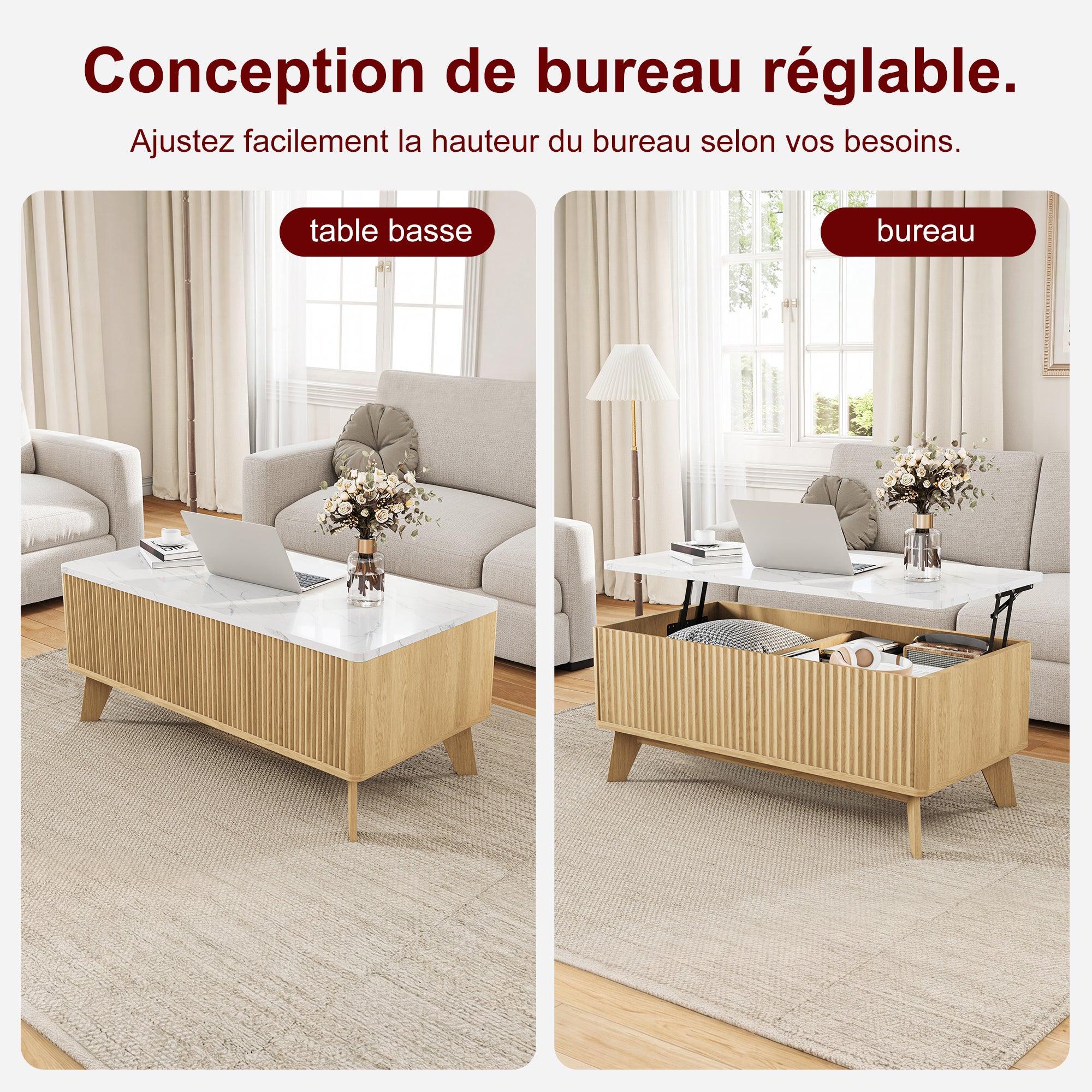 Table Basse,Table de Salon Relevable, Métal Vérin à Gaz, Plateau en Marbre,Compartiment sous Le Plateau,pour Bureau, Salle à Manger, 105x 42 x 53 cm - 4