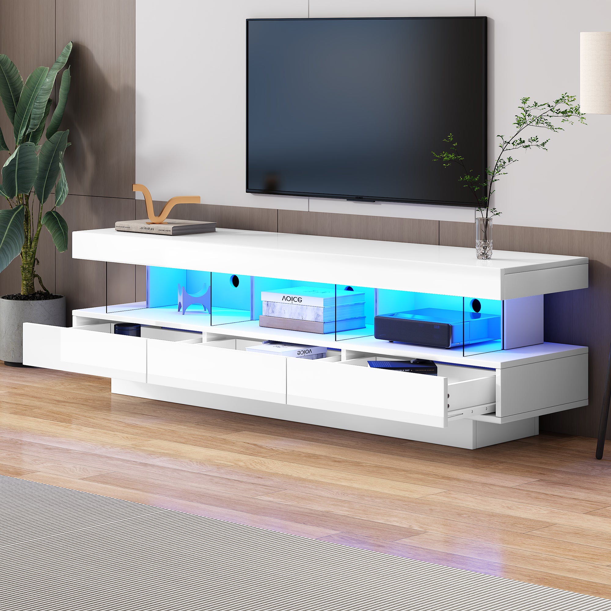 Stół TV biały połysk 160x38x50.5 cm z 3 szklanymi półkami, LED, Bluetooth, do TV 70 cali