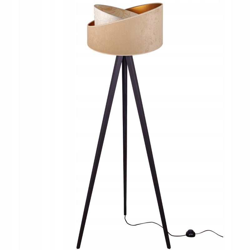 Lampa podłogowa stojąca Werona trójnóg drewno czarny 1xE27 abażur tkanina okrągła beżowa Light Home LH