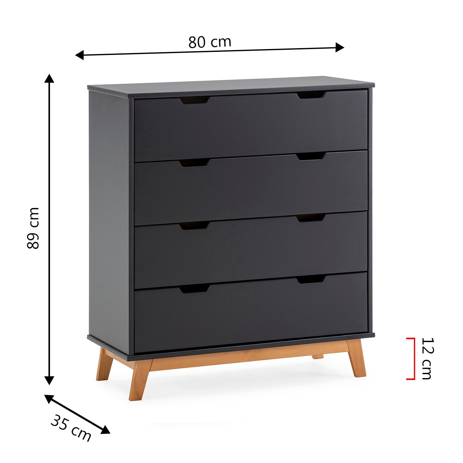Commode Miranda avec 4 tirois en Couleur Anthracite, Pieds en Bois Naturel - 7