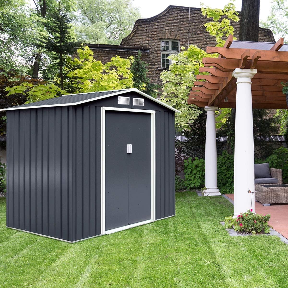 2,37m² Abri de Jardin Métal Galvanisé avec Base, Cabane de Rangement à Outils 213x127x185 cm avec Portes Coulissantes & Fenêtres,4,39m³ Gris - 8
