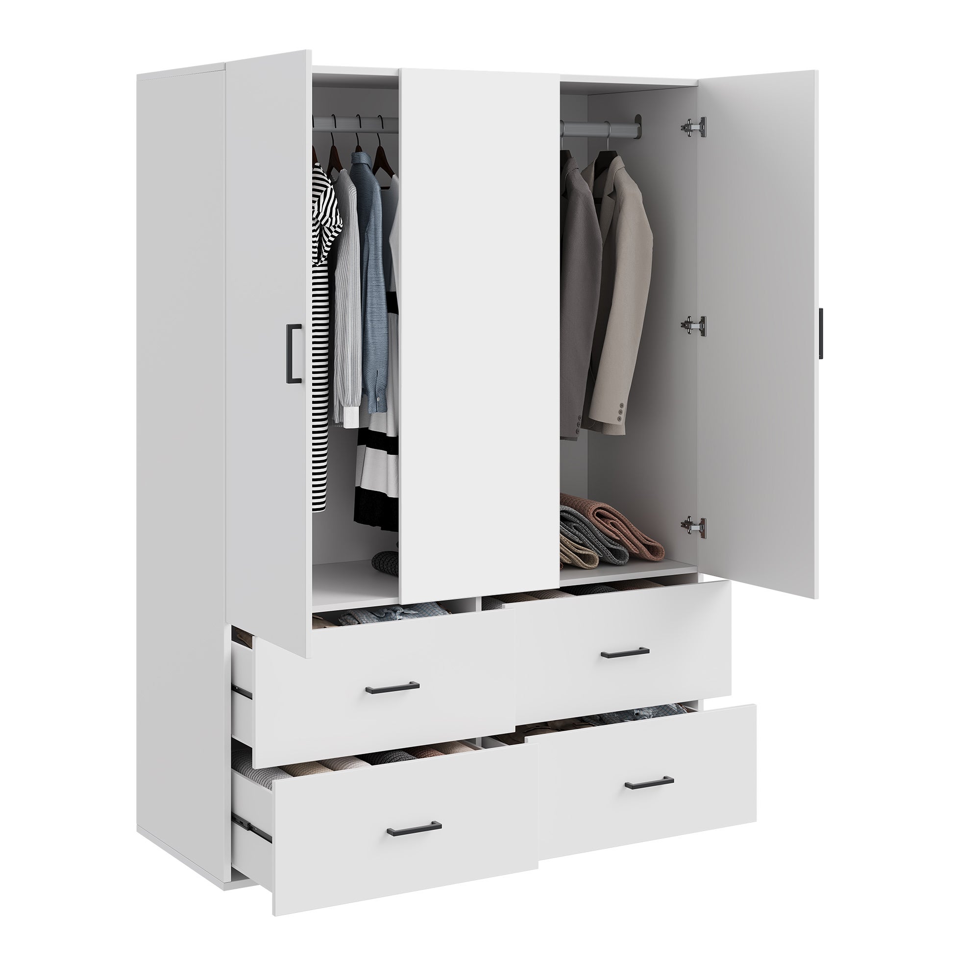 Armoire 2 portes et 4 tiroirs-L130 cm-étagères+penderie-Avec miroir-Kit dressing design simple-meuble chambre-Blanc - 4
