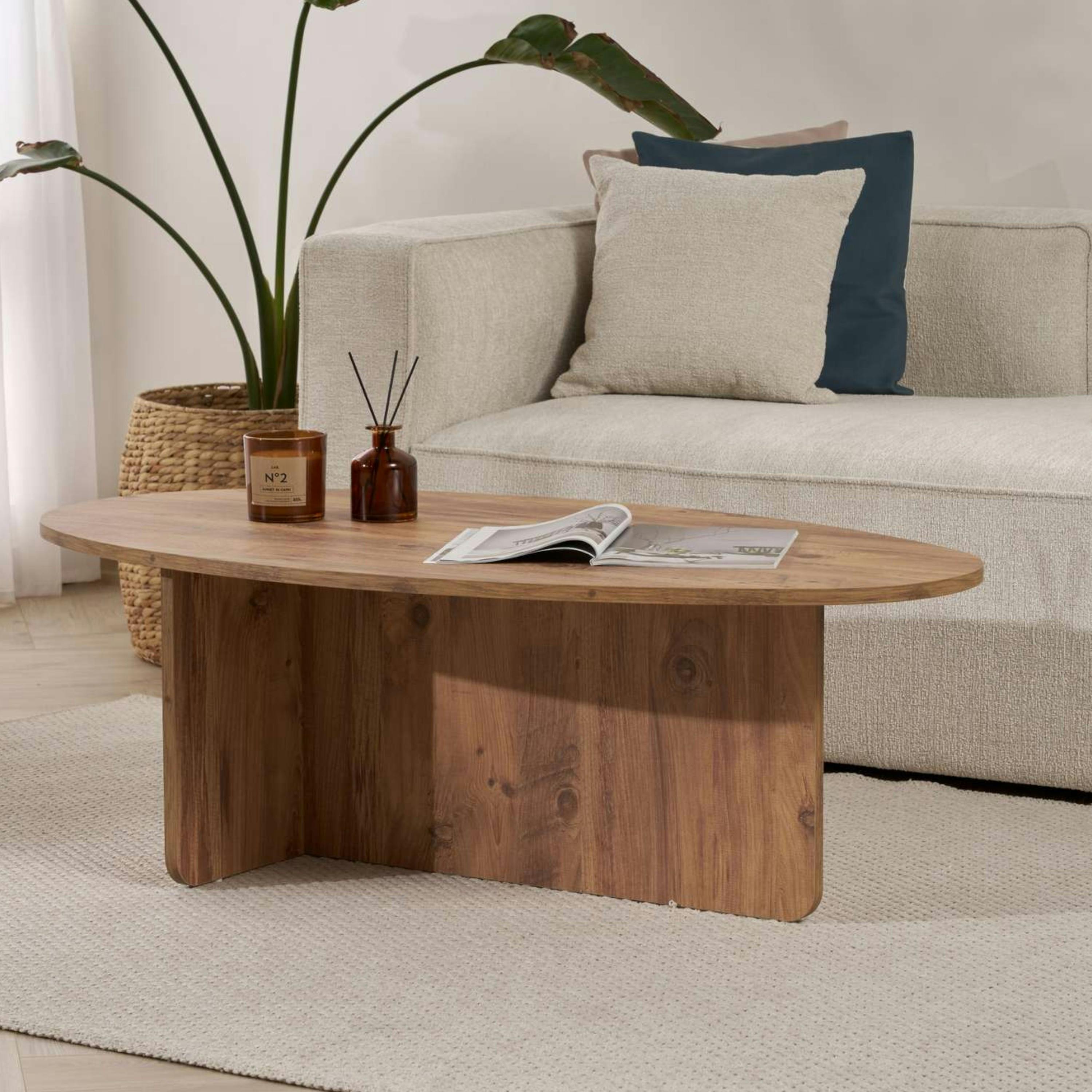 Table basse moderne ovale effet pin – pied en T MARFA - 2