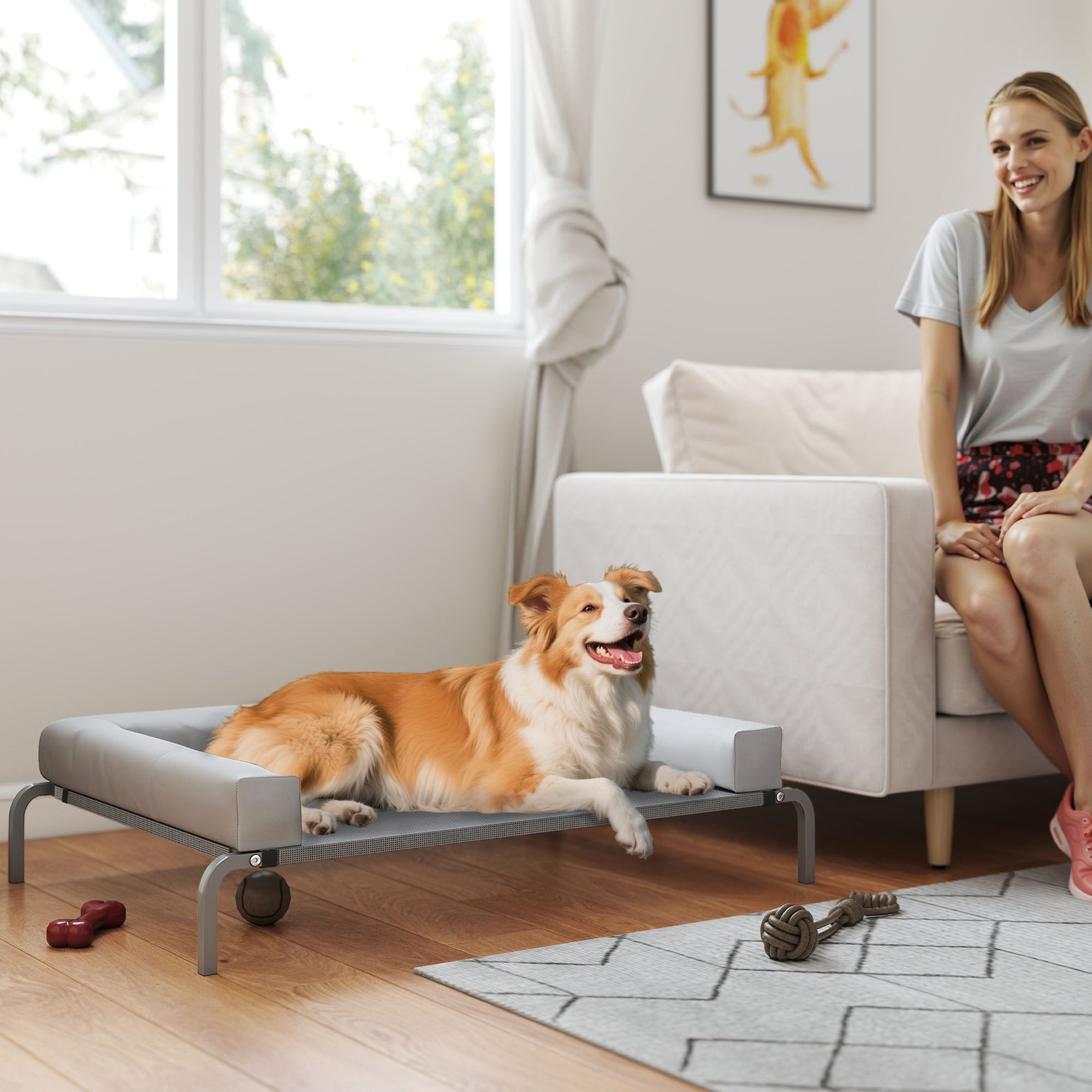 Cama Elevada Perros PawHut Tela Oxford, Texteline Gris Claro 110x75x30 cm - 3