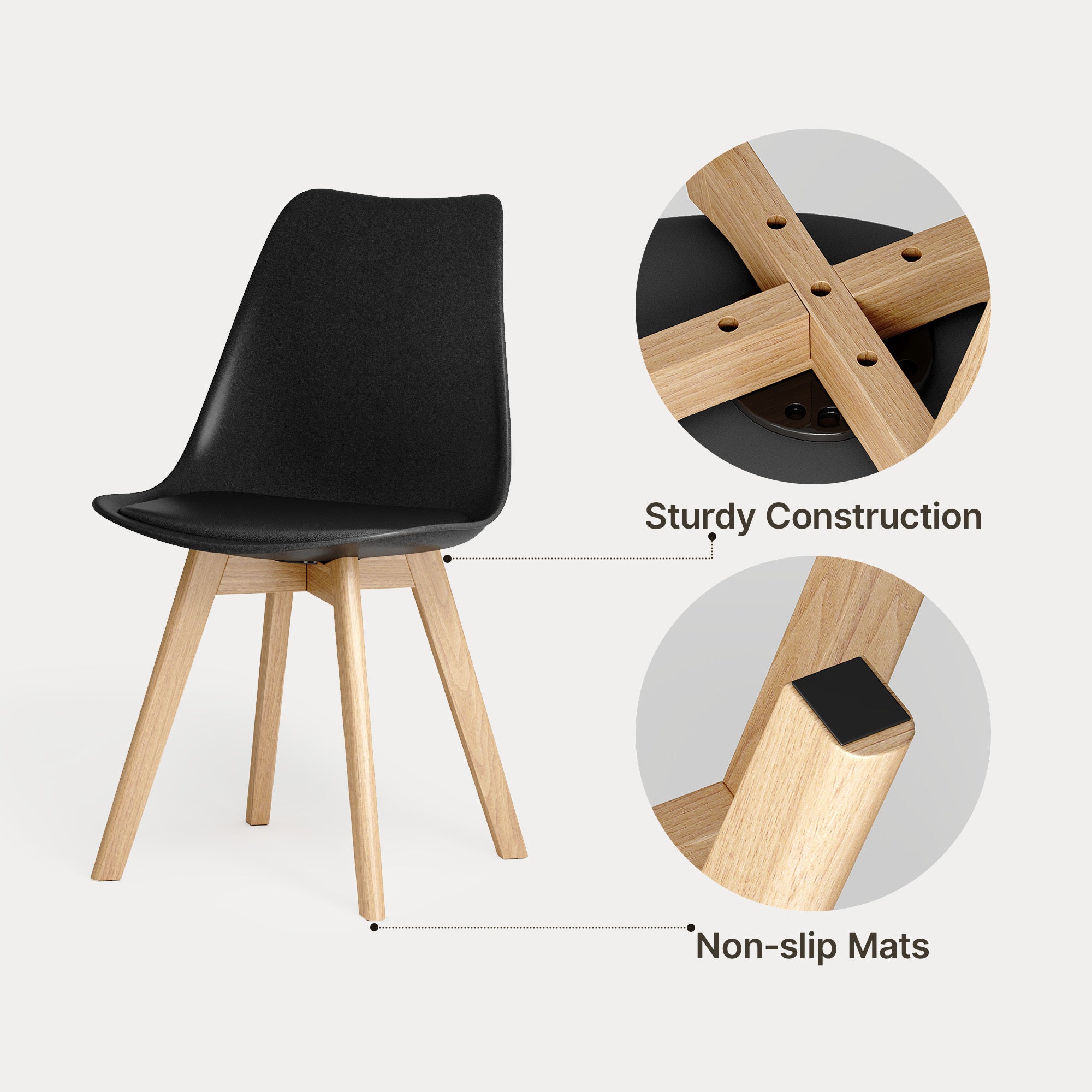 Chaise de cuisine 4 places noire,design scandinave moderne,dossier ergonomique,pieds en bois massif,assise rembourrée imperméable - 4