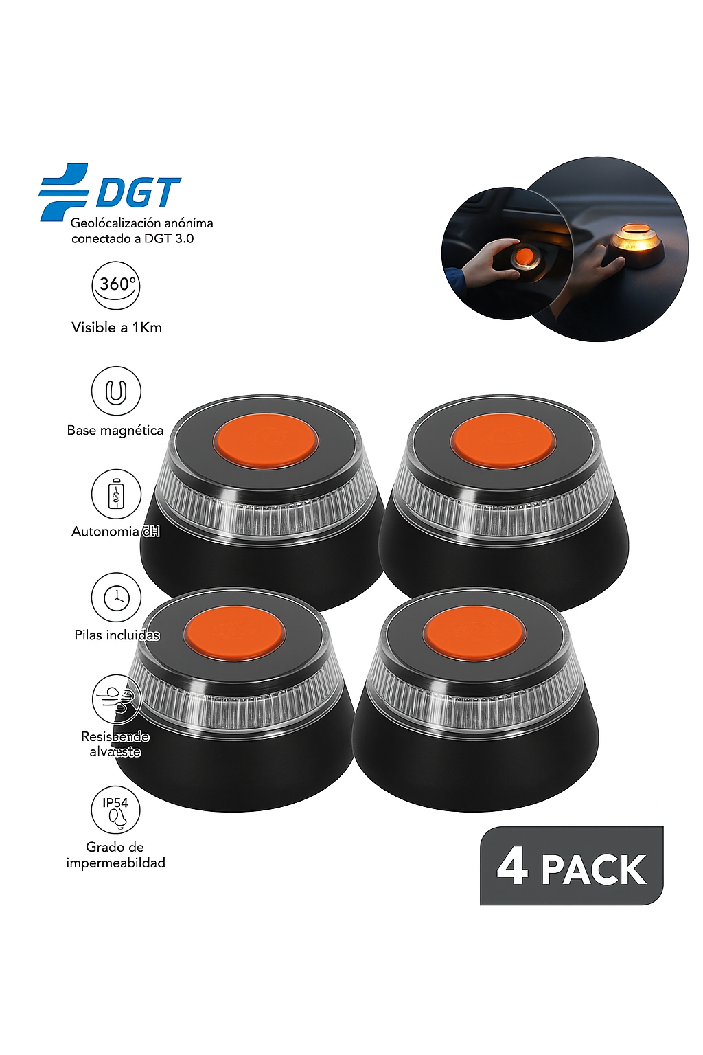 Pack 4 Balizas V-16 Luz de Emergencía Conectada DGT 3.0 [FlashMate ...