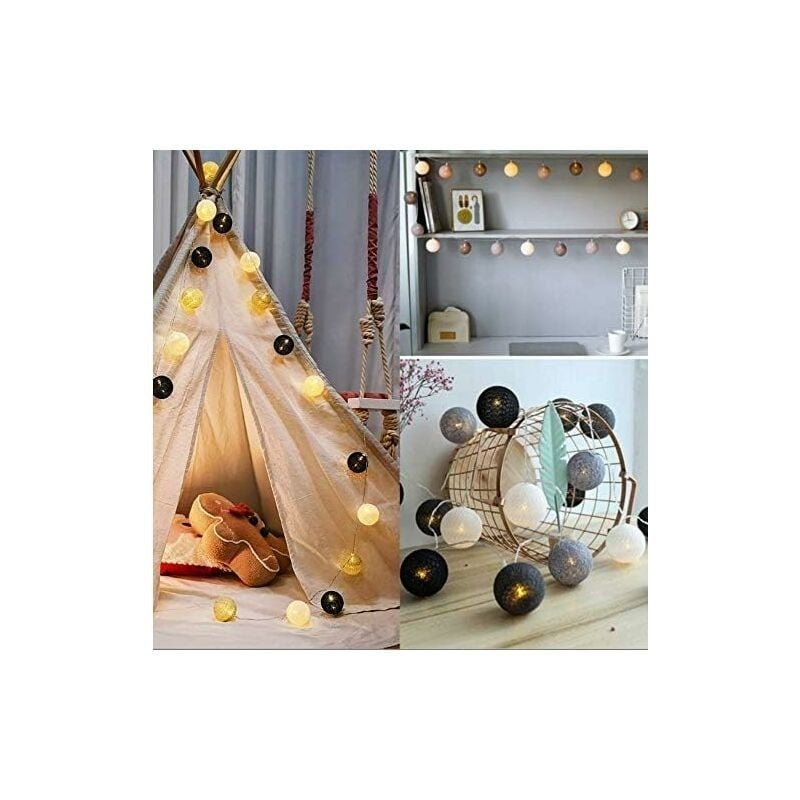 Guirlande lumineuse boules de coton, décoration de Noël d'intérieur, globe lumineux LED 3 m (20 LED), décoration d'ambiance (USB gris/noir) - 5