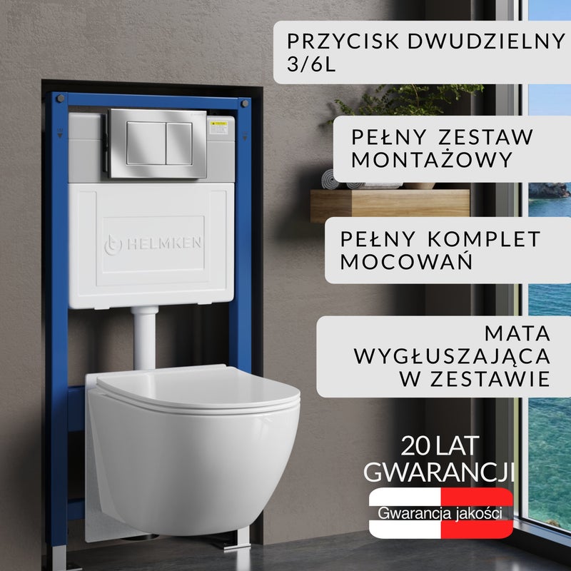 Zestaw podtynkowy WC Helmken 5w1: Stelaż, Satyna Przycisk(J), Miska bezkołnierzowa Rimless 35103001B (Biała), Deska wolnoopadająca, Mata