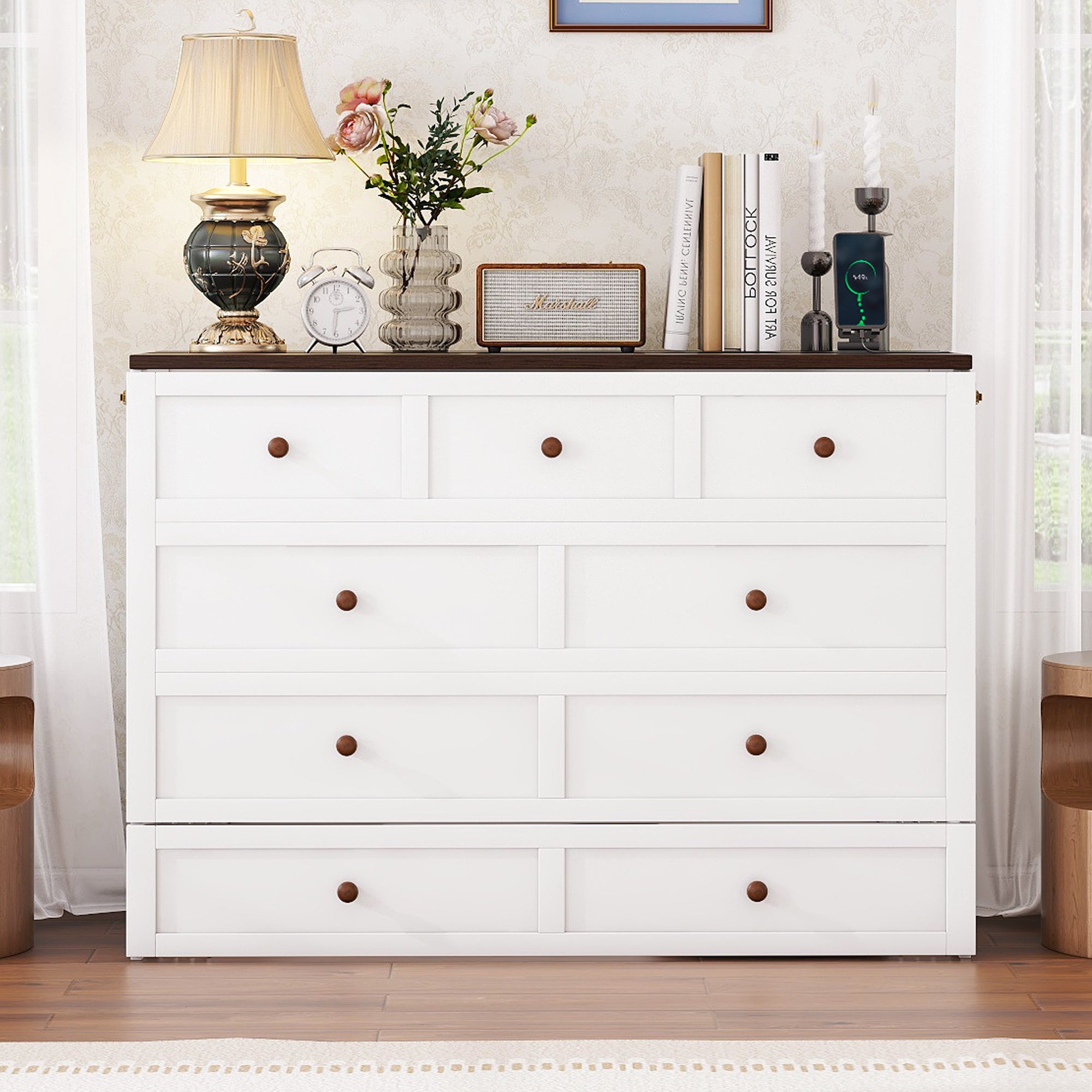 Lit escamotable 140 x 200 cm avec 2 tiroirs et étagère en tête de lit - Bois de pin et MDF - Prise USB - Blanc - 2