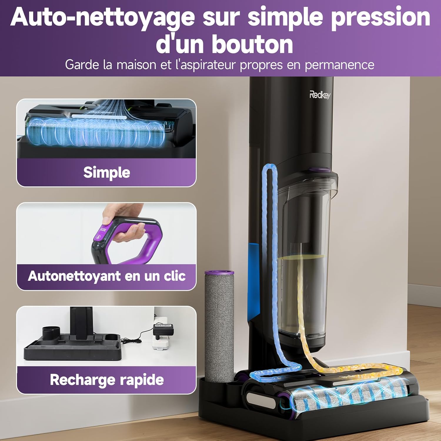Aspirador sem fios para pó e água, aspiradores verticais e vassouras elétricas, 35 min, LED, autolimpante,Redkey W15 - 7