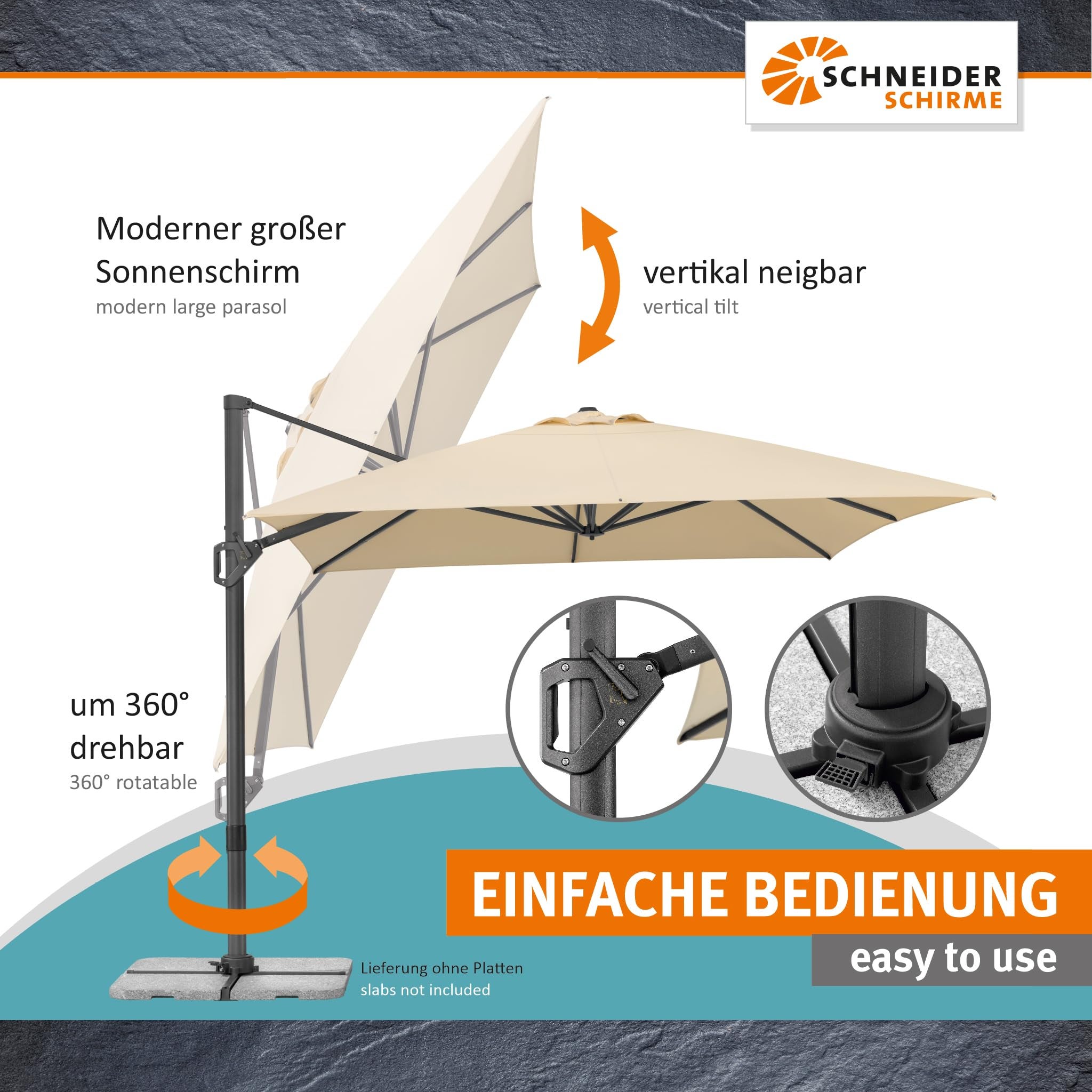 Parasol déporté Schneider Tavo naturel, 400 x 300 cm – rotatif 360°, inclinable, avec housse et support pour dalles - 4