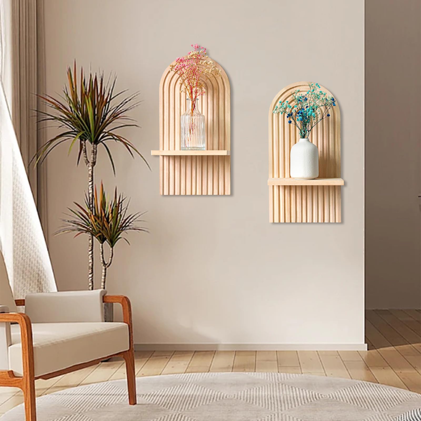 2 pcs Étagères en Bois pour la Décoration Murale Étagère Murale Bohème Moderne Support Mural en Bois bohème Style étagère pour la Cuisine,la Chambre - 5