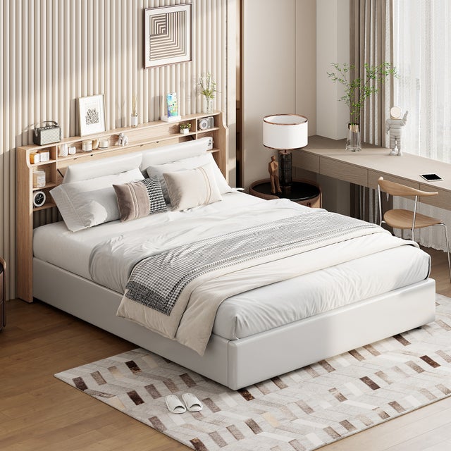 Cama canapé de matrimonio 140x190 cm con LED, cabecero con almacenaje, 3 estantes, somier de láminas, de polipiel - Blanco