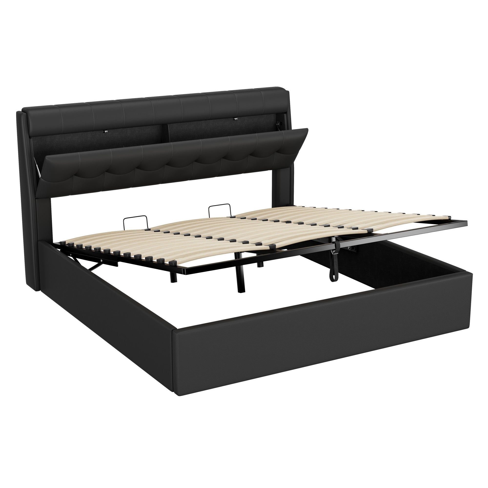 Lit coffre 180 x 200 cm avec tête de lit rangement - LEDs - Cuir PU - Noir (sans matelas) - 9