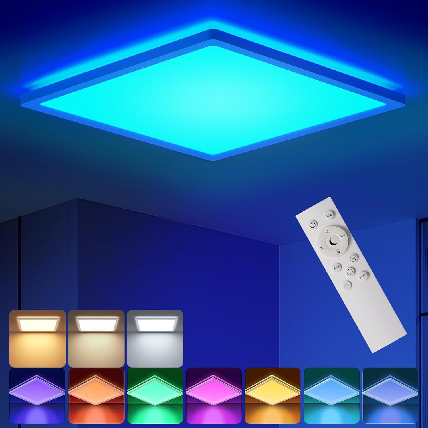 BLNAN Lampada da soffitto a LED con telecomando, 24 W, con luce notturna 2000 K, calda, 3000 K-6500 K, dimmerabile, piatta, per camera da letto, cameretta dei bambini, soggiorno, rotonda, bianca, 33