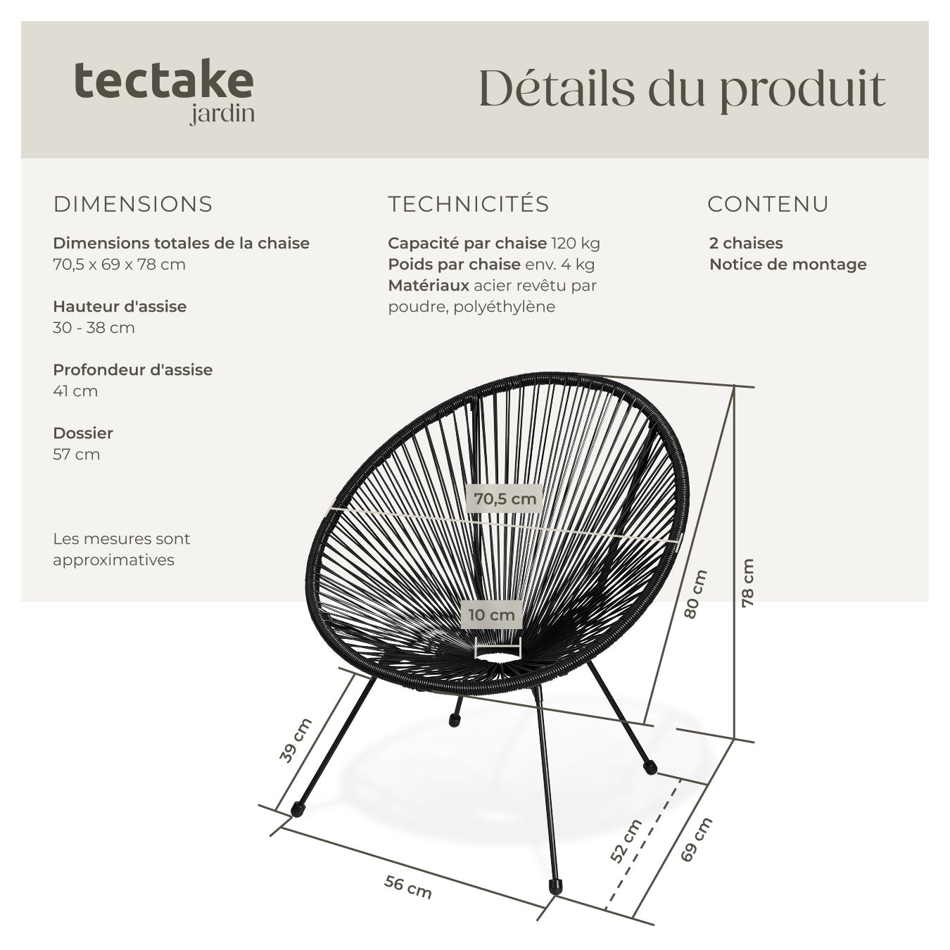 TECTAKE Conjunto de 2 cadeiras de jardim Design retro no estilo Acapulco - 6