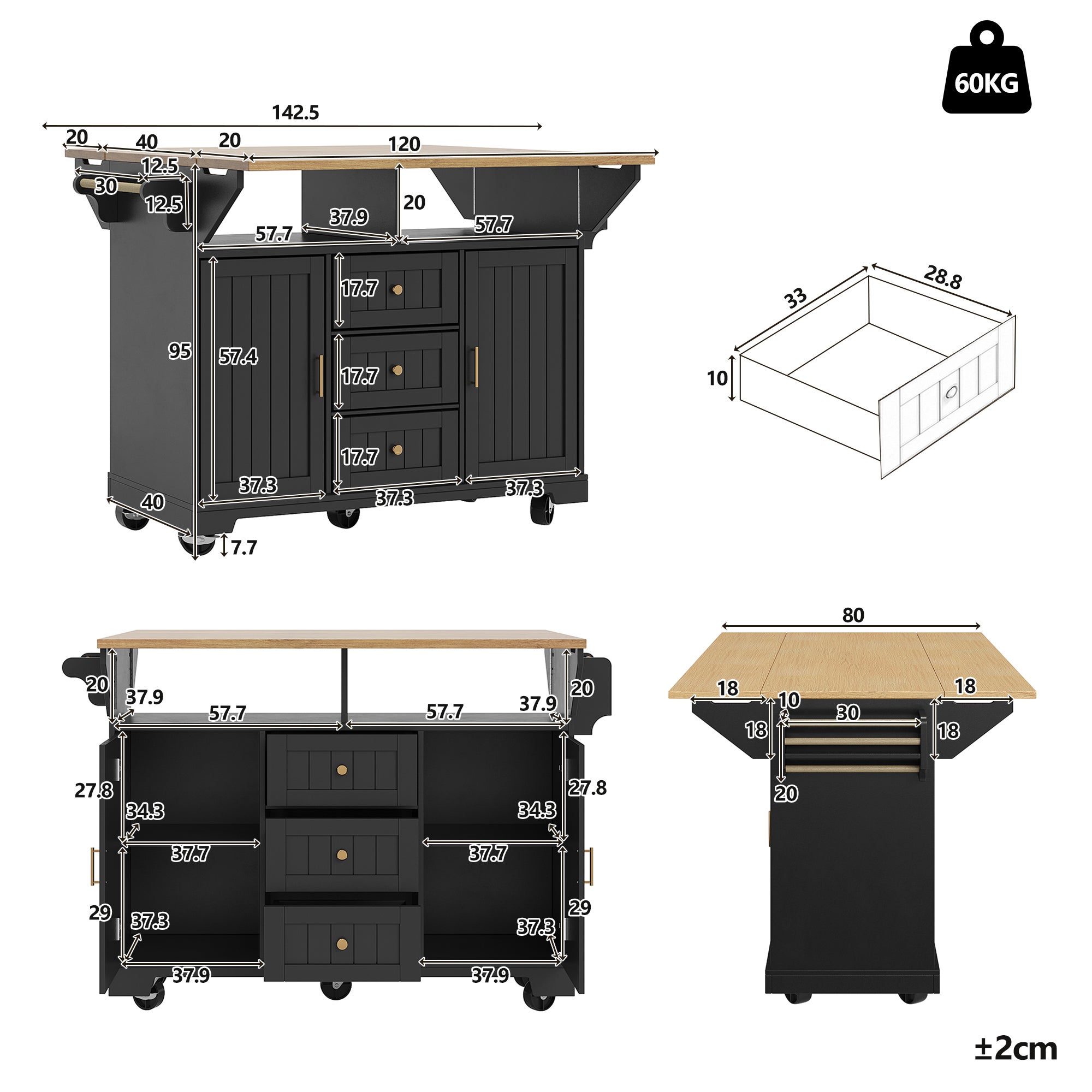 Îlot central de cuisine mobile avec 2 portes et 3 tiroirs - 120 x 40/80 x 95 cm - Plateau extensible - MDF et métal - Noir - 5