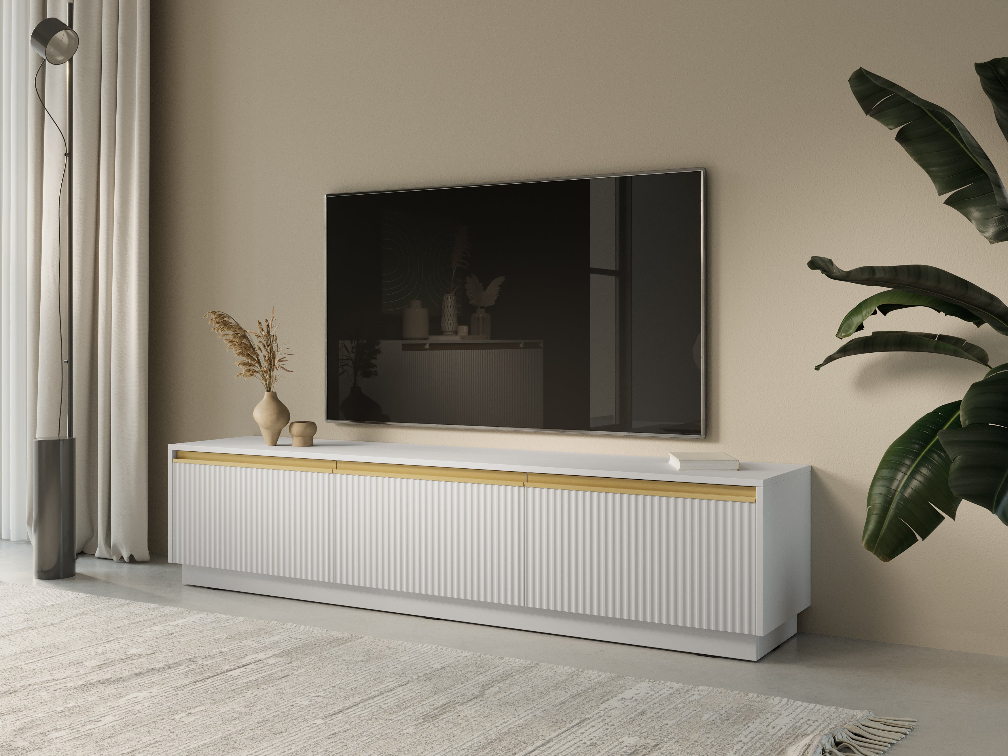 Szafka RTV: 3 drzwi, 3 półki, matowa biel, 181,5 x 42 x 39 cm - 4