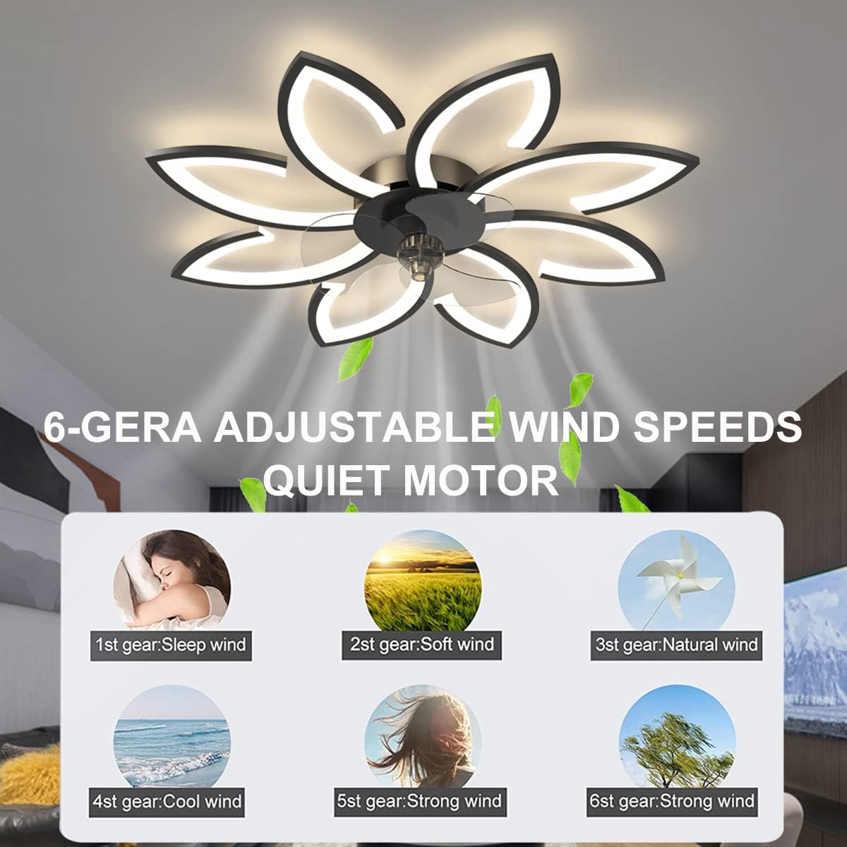Ventilateur de plafond avec lumières, plafonnier LED à intensité variable 3 couleurs, télécommande et application, 6 vitesses, minuterie, 90 cm - 8