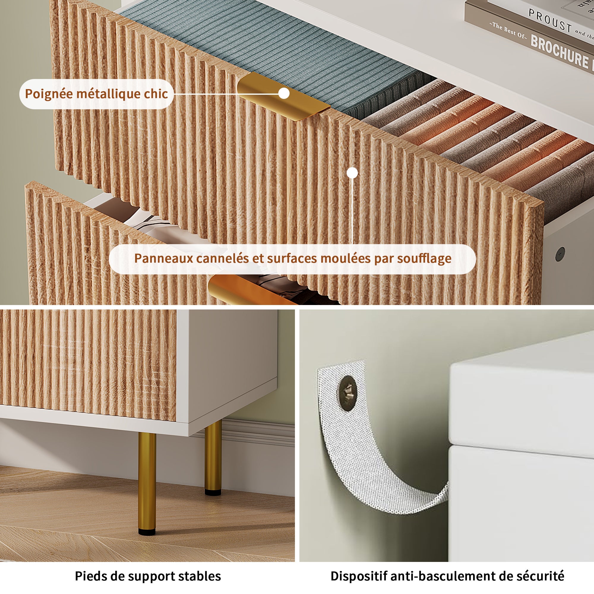 Commode 5 tiroirs finition rayée, Chiffonnier, Poignée dorée et Jambes dorées - design bicolore - L60 x l34 x H109 cm - couleur bois naturel - 5