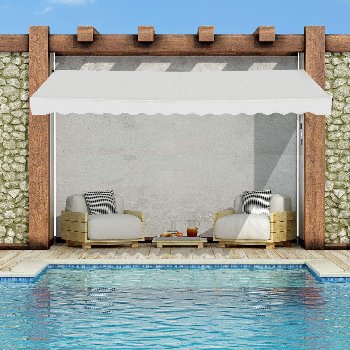 Store Banne Manuel Rétractable 4x1,2M en Aluminium-sans Perçage-Hauteur Réglable 2-3M-Auvent Banne de Balcon sur Pied,Beige - 7