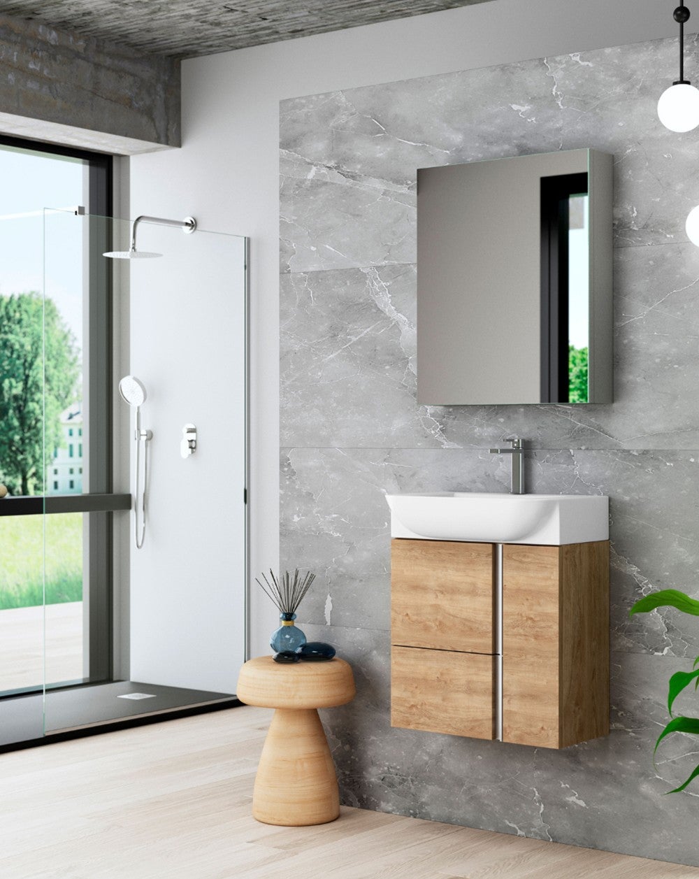 Mueble de baño suspendido a pared fondo reducido con lavabo cerámico | 55cm | 1 cajón 2 puertas | roble natural