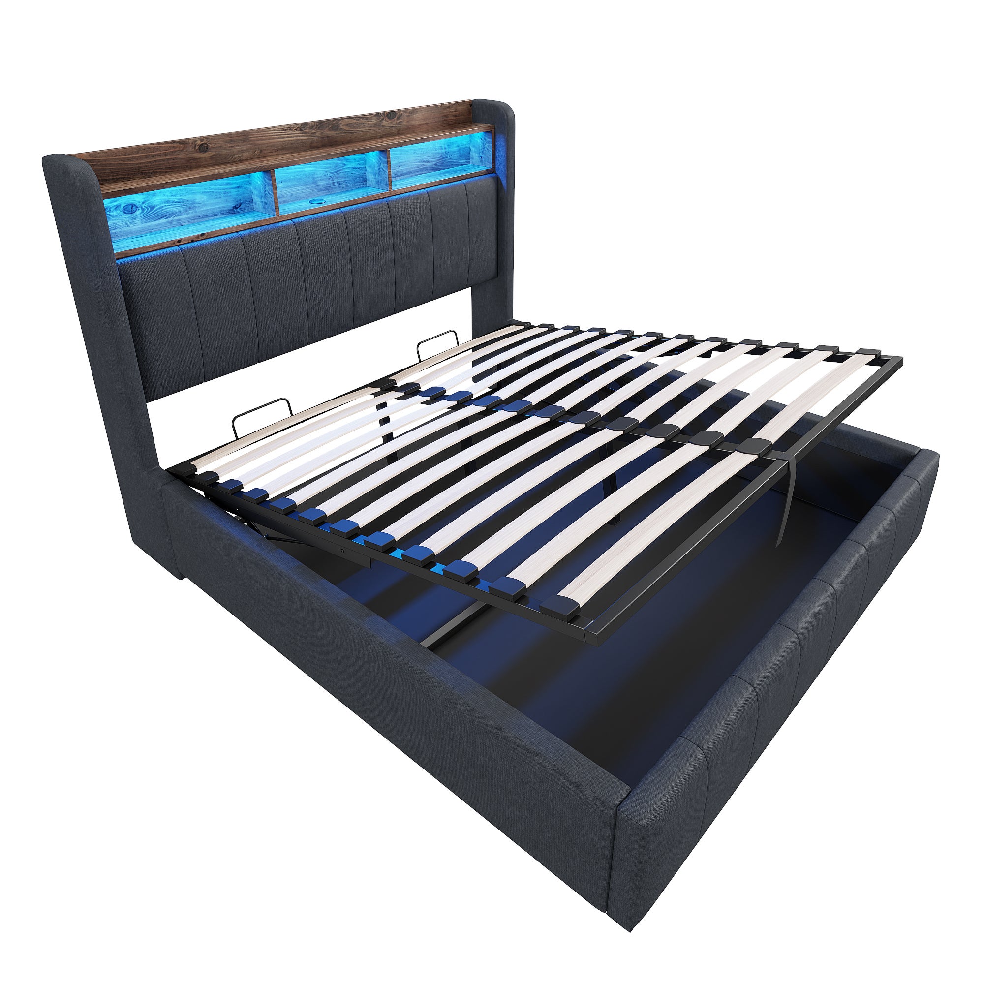 Cama con canapé 140x200 cm con LED, USB y cabecero con almacenamiento, lino gris, sin colchón - 5