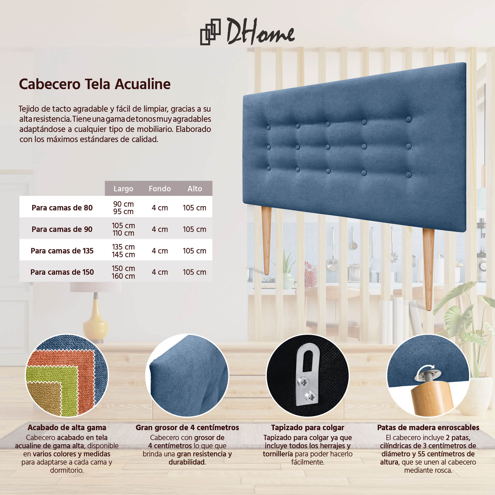 DHOME Testiera in tessuto capitonnè Aqualine 150x60 cm Letti 150 - Blu