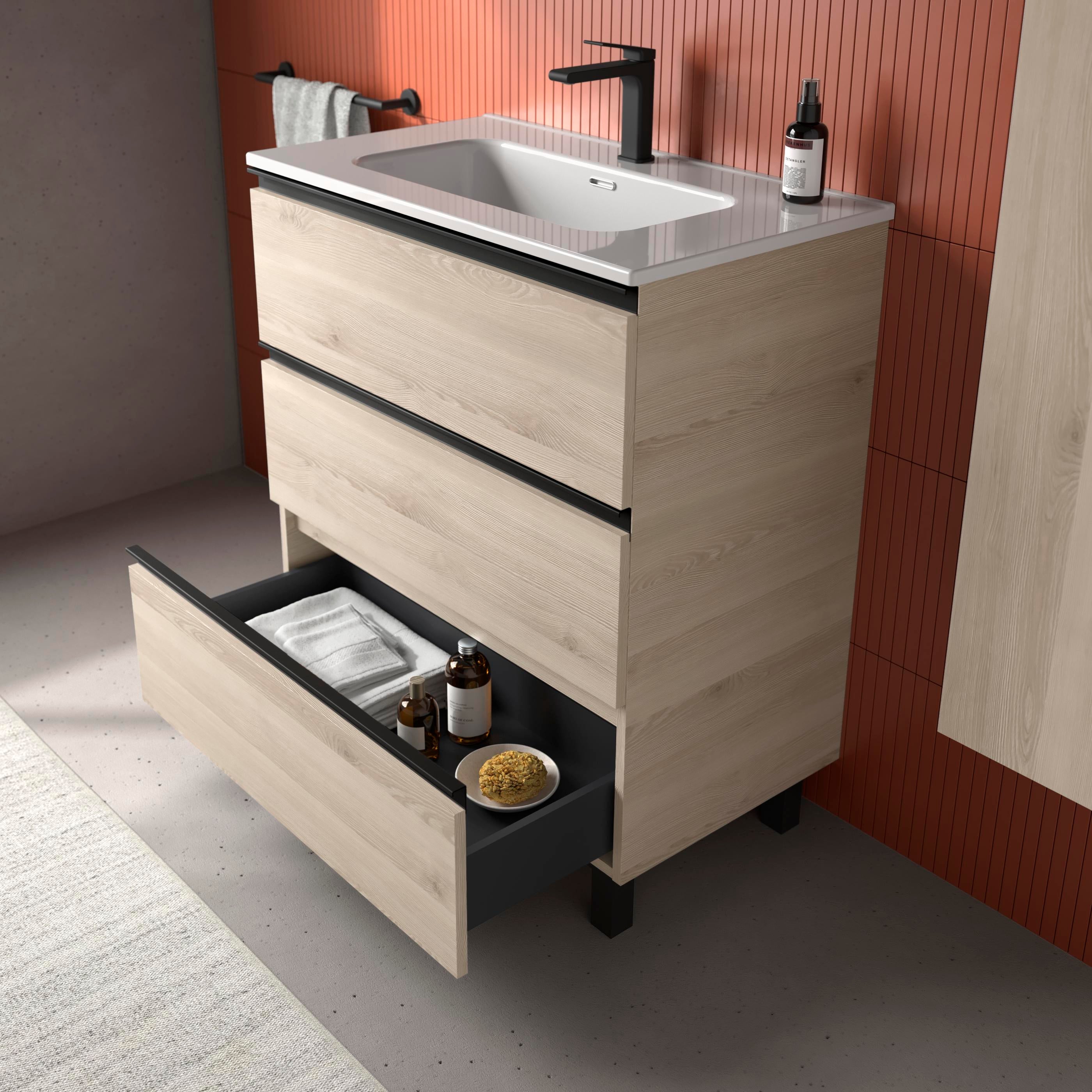 Mueble de Baño BEQUIA METAL Natural 100cm 3 cajones Lavabo 1 poza ...