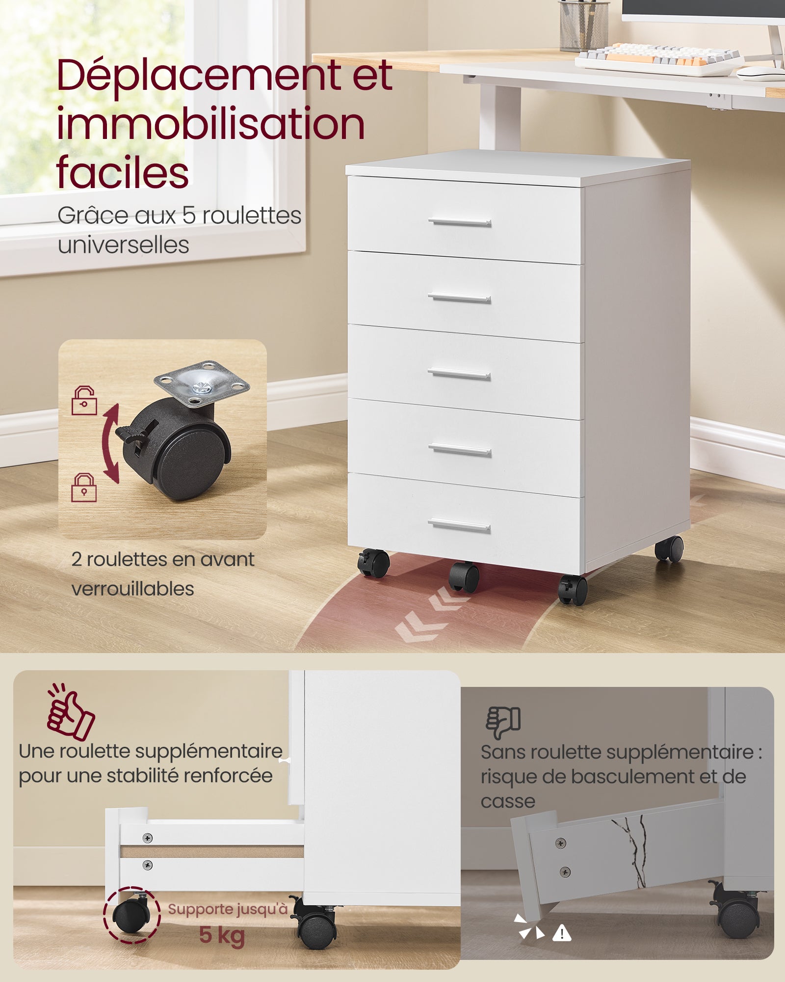 Caisson de Bureau à Roulettes, Meuble de Rangement, Support pour Imprimante, avec 5 Tiroirs, Rails Coulissants, pour Bureau, Télétravail, Blanc Nuage - 6