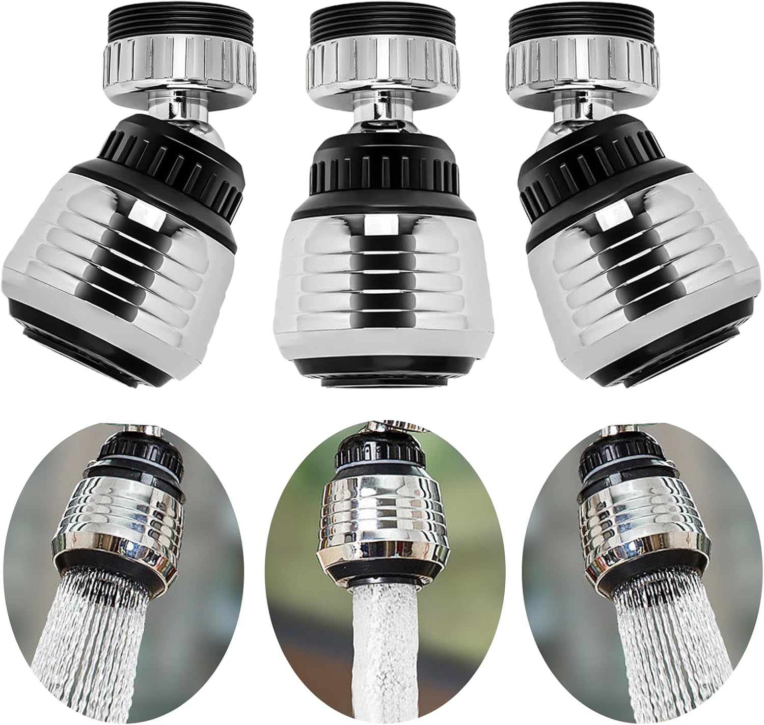 Set de aeratoare pentru robinet rotativ cu modele de pulverizare din oțel inoxidabil argintiu, adaptor universal pentru economisirea apei