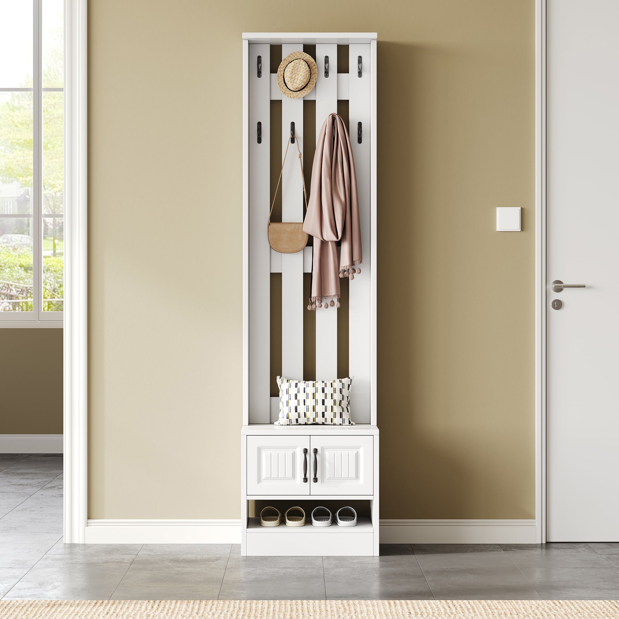 Ławka na buty z 2 drzwiami i 8 wieszakami - 50 x 36 x 190 cm - Płyta wiórowa - Biała