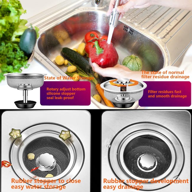 Set 2 Filtri Scarico In Acciaio Inox Per Lavello Cucina/bagno Set 2 Filtri Scarico In Acciaio Inox Per Lavello Cucina/bagno
