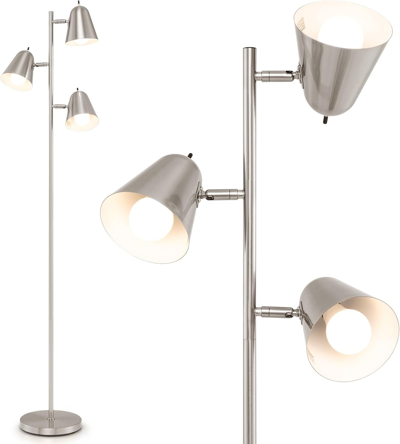 Lampa Podłogowa z 3 Lamps, z 3 Regulowanymi Reflektorami Punktowymi, Lampa Podłogowa z 3 Żarówkami LED, E27, do Salonu, Sypialni, Biura (Srebrna)