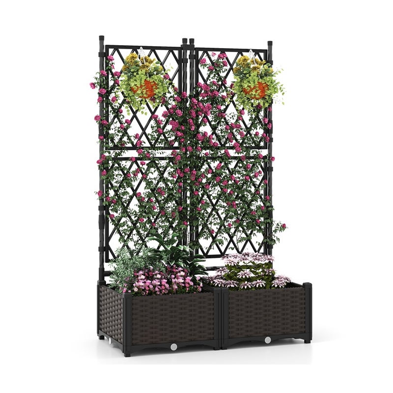 Donica z kratką na nóżkach, podwójna donica z automatycznym nawadnianiem, wykonana z rattanu PP z siatką w kształcie rombów i, 80 x 40 x 126 cm