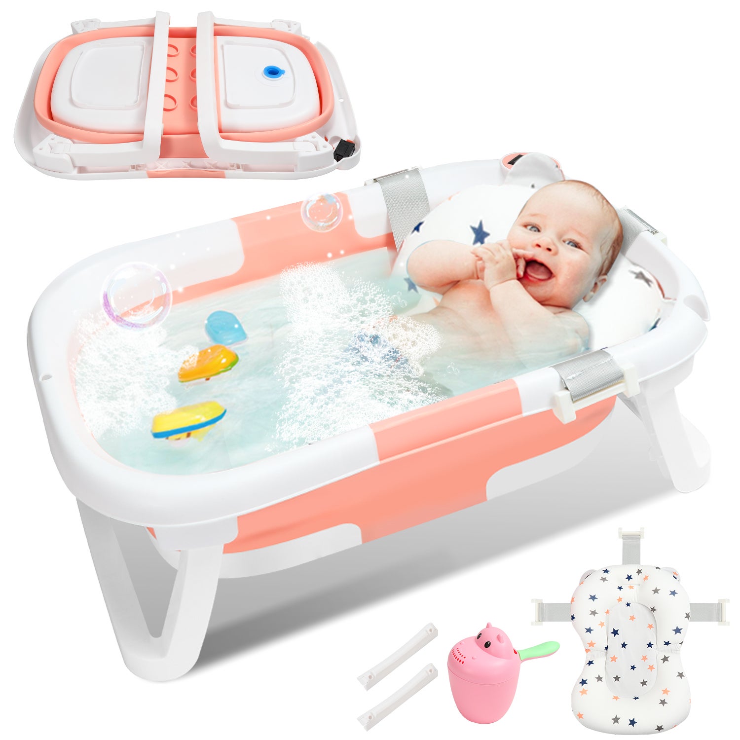 Baignoire Bébé Pliable Portable - Avec Capteur Température - Oreiller, Bonnet, Brosse - Bleu