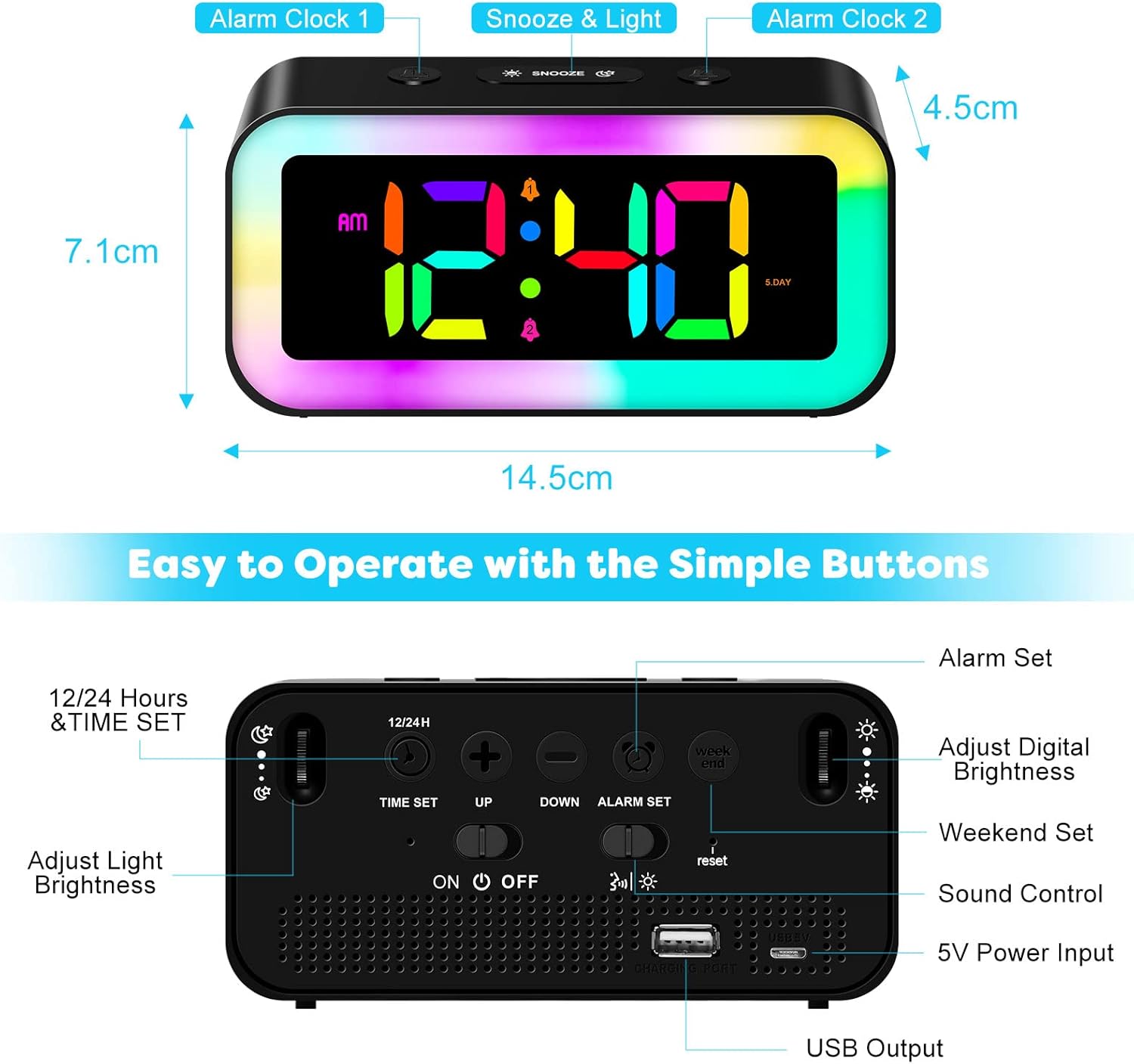 Réveil pour enfants et adolescents avec veilleuse 7 couleurs horloge numérique LED,luminosité réglable, répétition d'alarme, commande vocale, 12/24 h, - 5