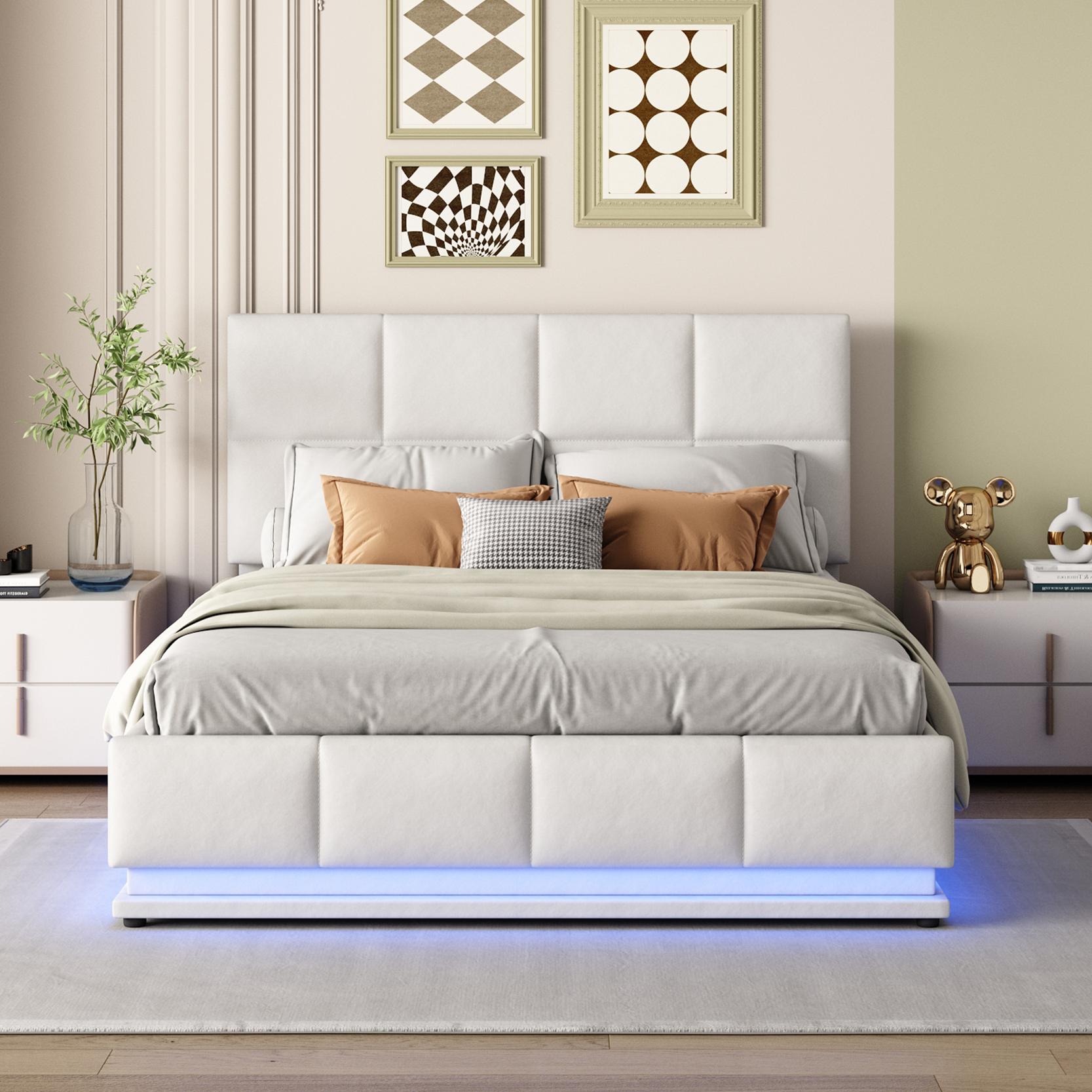Cama contenedor tapizada 140x200 cm con iluminación LED - en símil piel - Blanco - 3