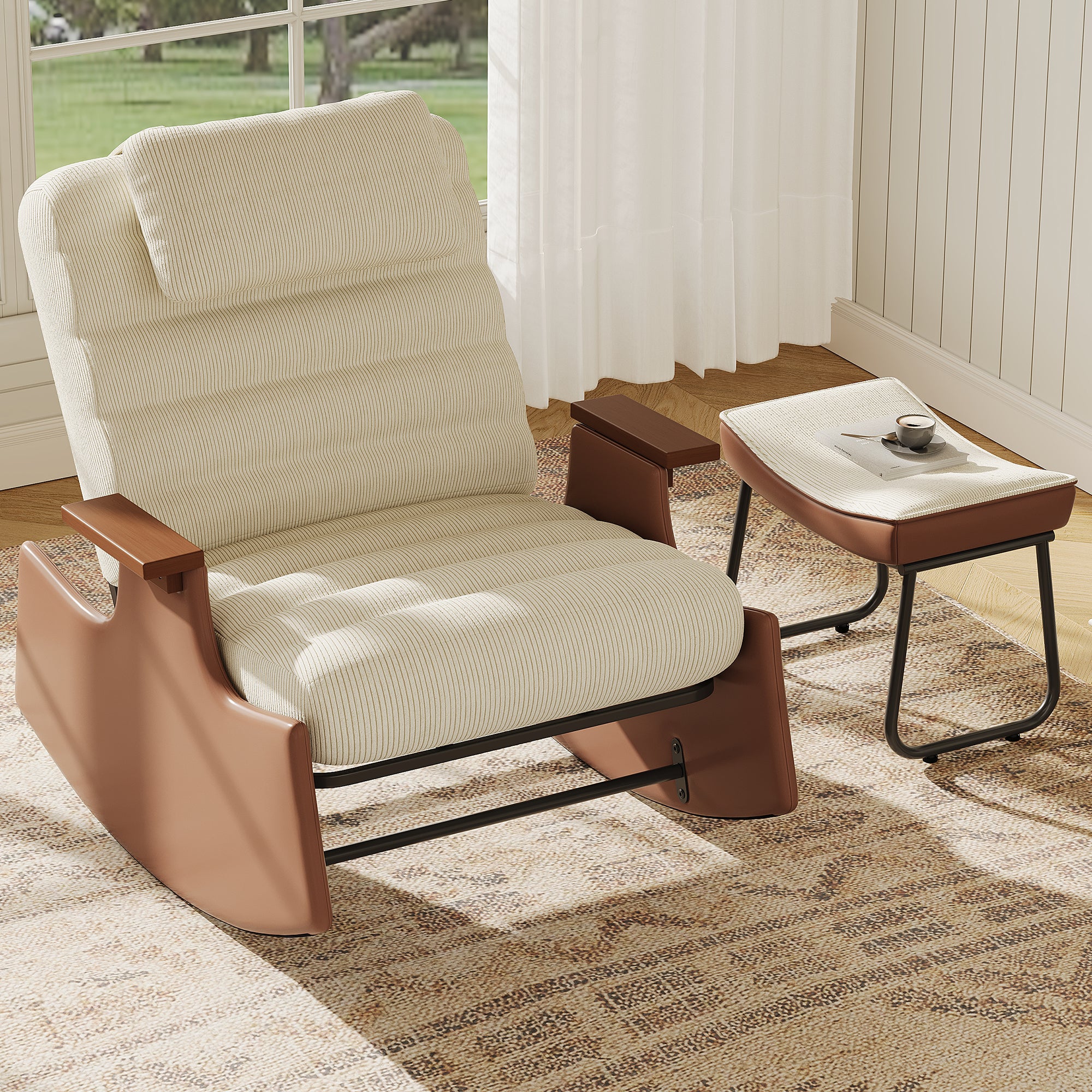 Fauteuil a Bascule avec Repose Pieds, Chaise a Bascule Allaitement Réglable 3 Positions Rocking Chair Intérieur Extérieur avec Coussin, Velours Côtelé - 3